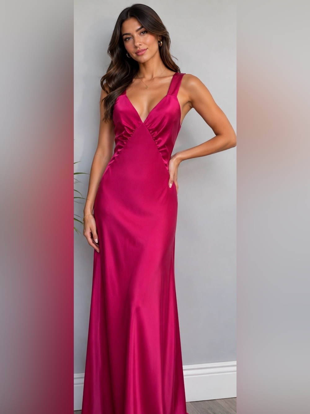 House of Harlow 1960 Satin V-Neck Slip Gown - Magenta